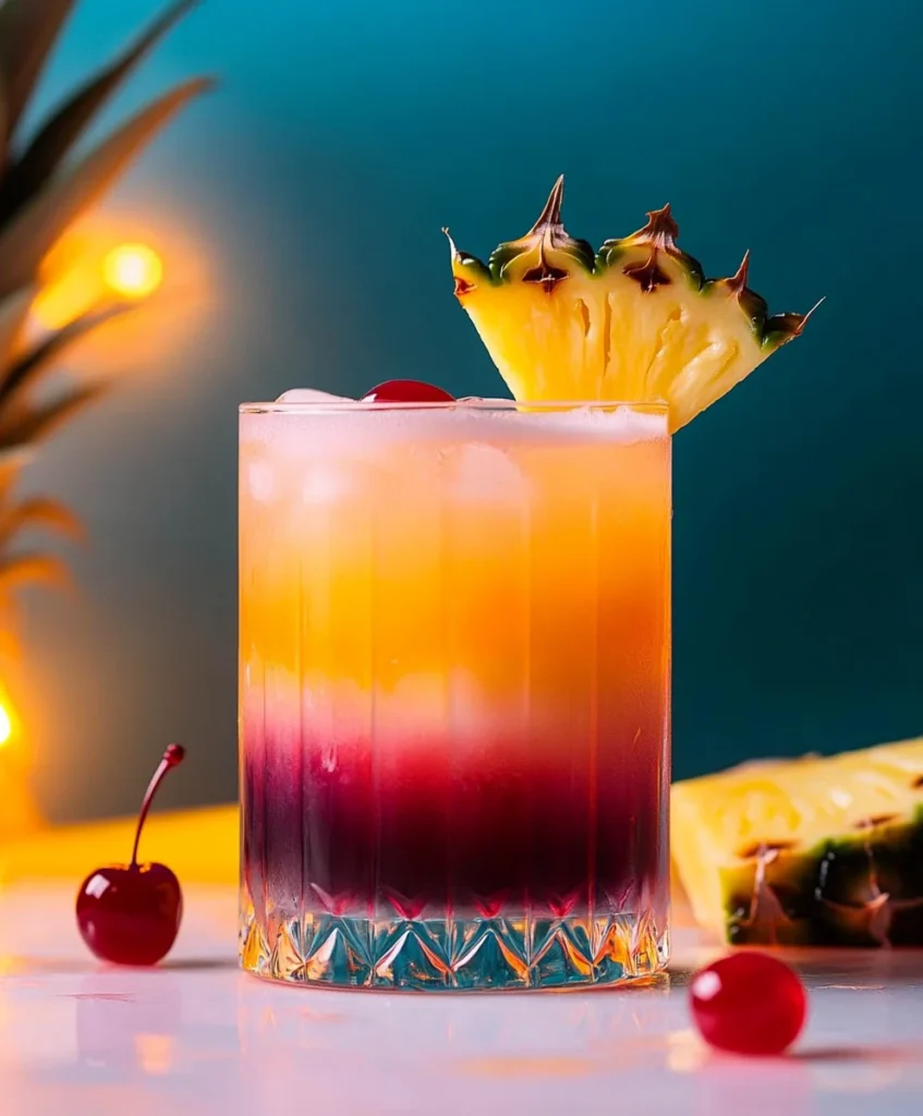 Classic Bahama Mama cocktail with layered colors and tropical garnish