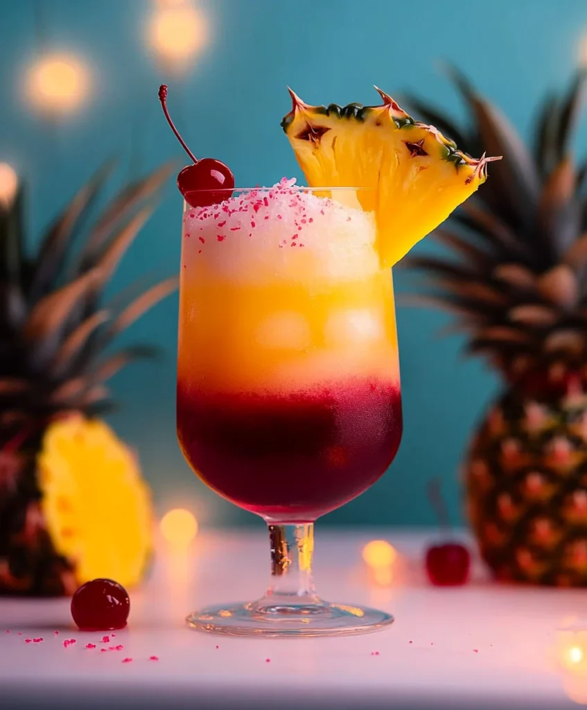 Bahama Mama cocktail in hurricane glass with cherry and pineapple garnish