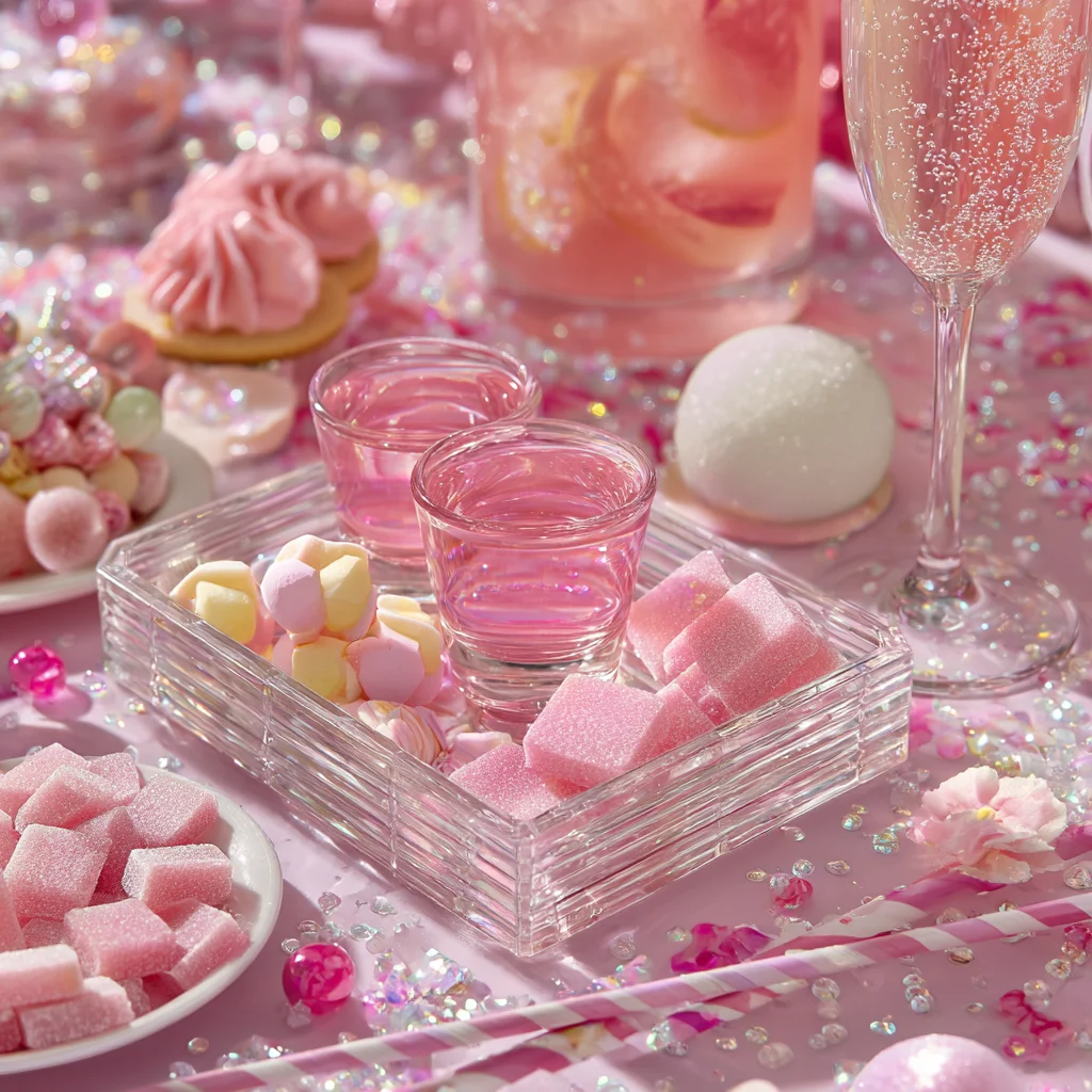 party table with pink starburst shots, candies, and decorations