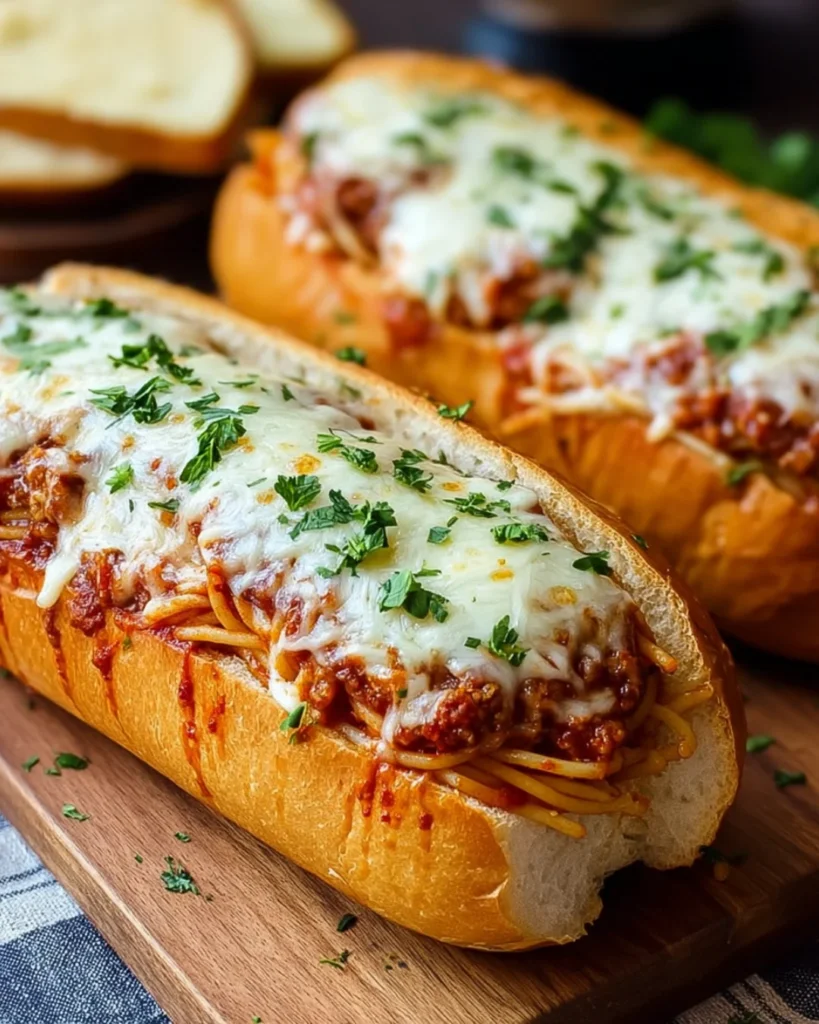 Cheesy Spaghetti-Stuffed Garlic Bread