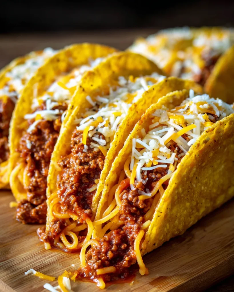 Spaghetti Tacos bring crunchy shells, saucy pasta, and taco beef together in one bite. Try this fun dinner idea tonight!