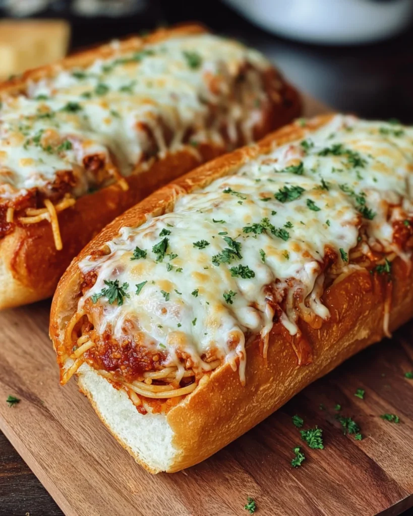 Cheesy Spaghetti-Stuffed Garlic Bread